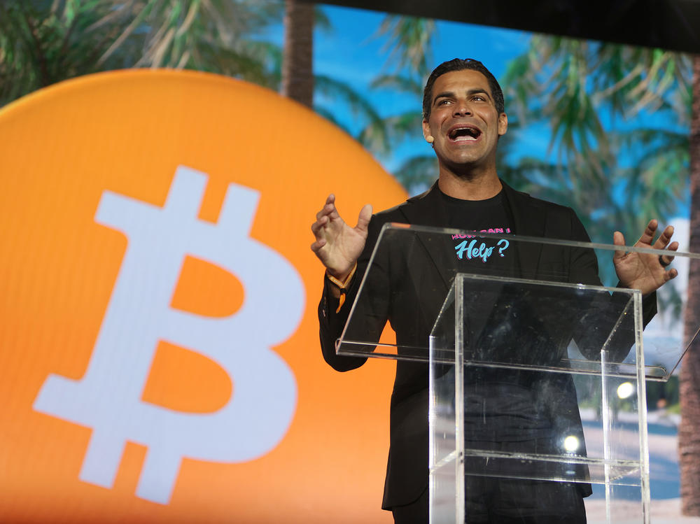 Miami Mayor Francis Suarez speaks at the Bitcoin 2021 Convention, a crypto-currency conference held at the Mana Wynwood convention center in Miami on June 4. Suarez is aggressively pitching Miami as a top destination for cryptocurrency companies.