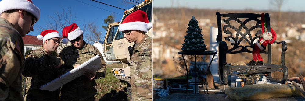 Members of the 1123 Sappers, Kentucky National Guard, perform a health and wellness check in Mayfield, Ky. Christmas decorations sit amongst debris in Dawson Springs.