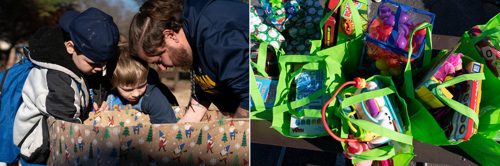 Volunteers and community members attend the WPKY toy drive in Princeton. Bags are filled with gifts at a Christmas toy drive at Kentucky Dam Village State Resort Park in Gilbertsville.