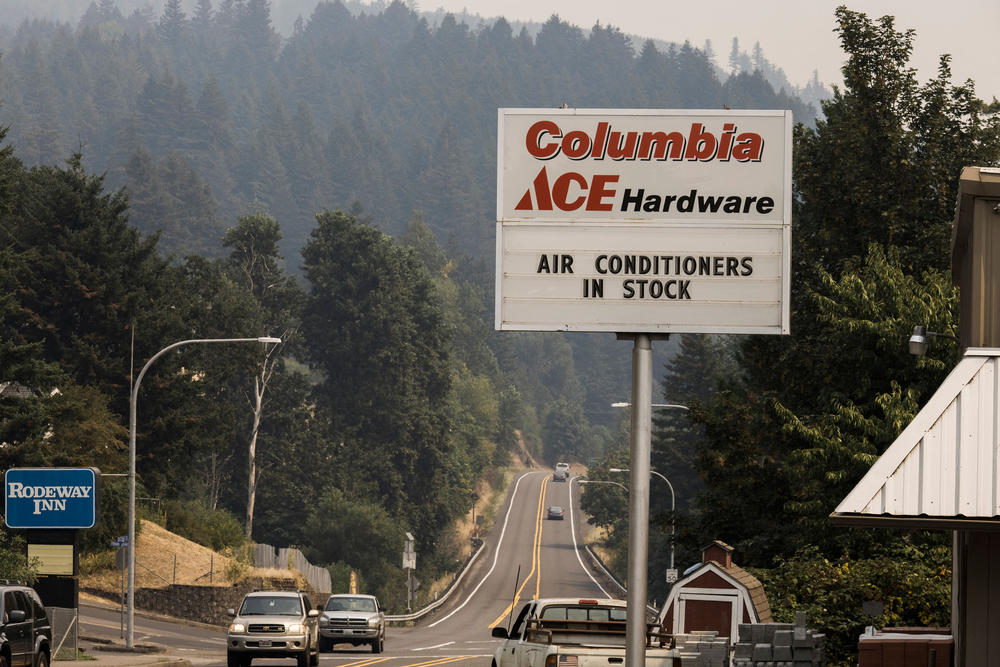 A store in Hood River, Oregon advertises after record-setting temperatures in the Pacific Northwest. With extreme heat rare in the region, many residents lack air conditioning.