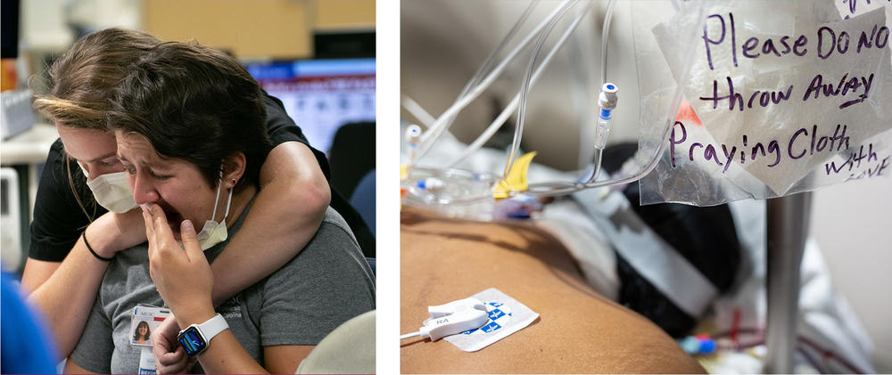 Left: Patient care technician Kelly Burchette comforts intensive care unit nurse Andrea Crain as she breaks down in tears after calling a patient's wife to tell her to come to the hospital because her husband is dying. 