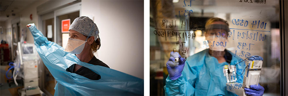 Left: registered nurse Crystal Foster dons her protective gear. She has had two mild COVID infections herself, the second time after being fully vaccinated. Right: ICU nurse Lauren Harfield writes information about blood oxygen levels on the window of the patient's door so it can be easily seen by medical staff.
