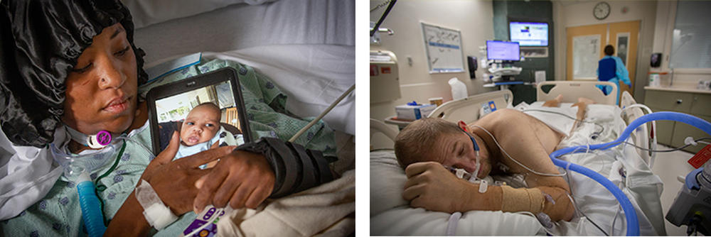 Left: Tala'Shea Foster uses Facetime to see her newborn son, delivered by emergency cesarean section because her COVID was so severe. Foster says she didn't know the vaccine was available for pregnant women. Right: Charles Roberts had a tube inserted in his nose to improve oxygen flow shortly after his hospital admission for COVID. By the end of the night, he was intubated.
