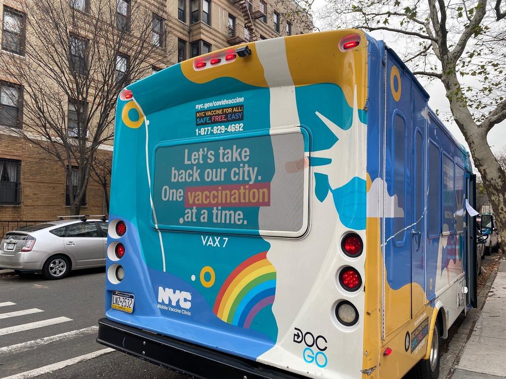 In New York City, where 4 out of 5 adults are fully vaccinated, vaccines are offered from a city bus parked outside a school.