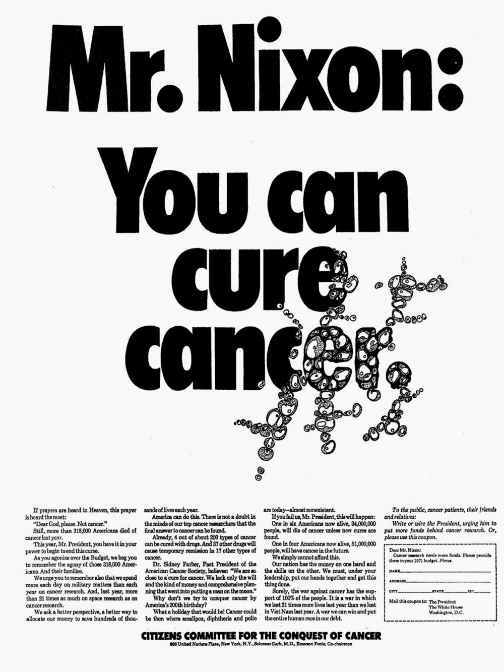 A full-page ad created by the Citizens for the Conquest of Cancer, which Lasker founded, appeared in the Washington Post on Dec. 9, 1969.