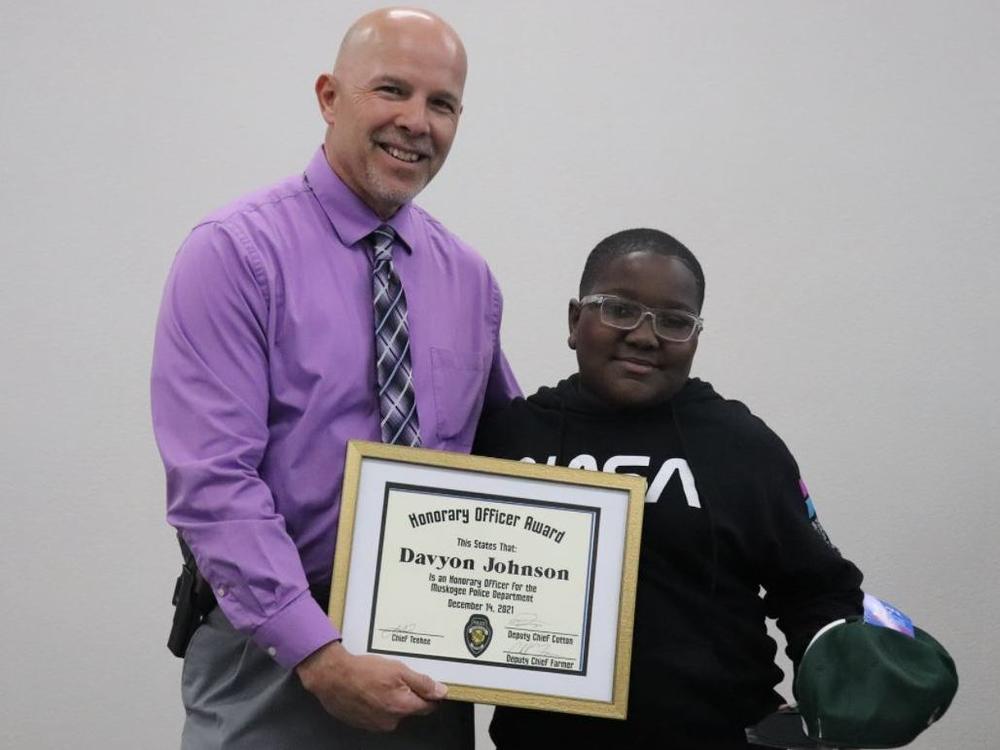 The Muskogee Public Schools posted this image of Davyon Johnson last week to its Facebook page. The Muskogee Police Department and Muskogee County Sheriff's Office presented the 6th-grader with a certificate naming him as an honorary member of their force.