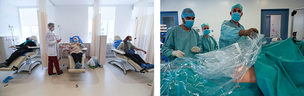 Left: A nurse and patients in a chemotherapy room at the Botkin Hospital's Outpatient Oncology Care Centre on September 28, 2021 in Moscow. Right: Surgeons at the Georges-Francois Leclerc centre in France use pressurized intraperitoneal aerosol chemotherapy (PIPAC) to treat a patient. Unlike conventional chemotherapy, PIPAC is dispersed with a pressurized aerosol, causing no harmful side-effects.