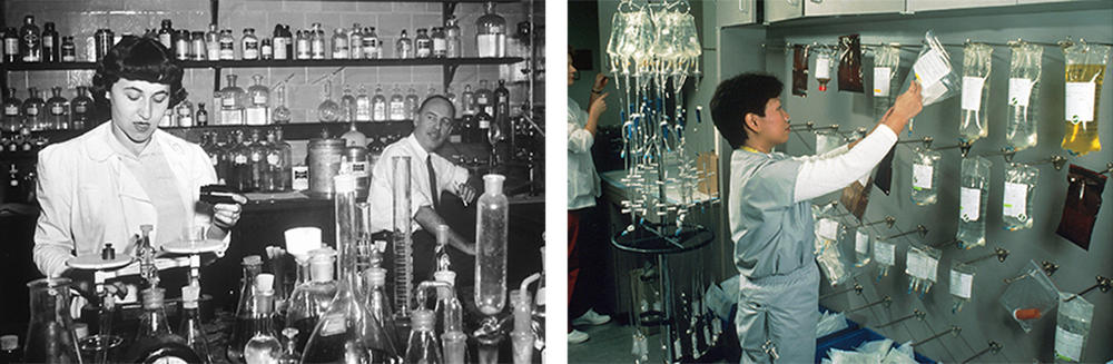 Left: Dr. Jonathan Hartwell (right) and his assistant Sylvy R. Levy Kornberg conduct some of the earliest chemotherapy tests at the National Cancer Institute, about 1950. Right: A nurse hangs bags of chemotherapy drugs in 1989.