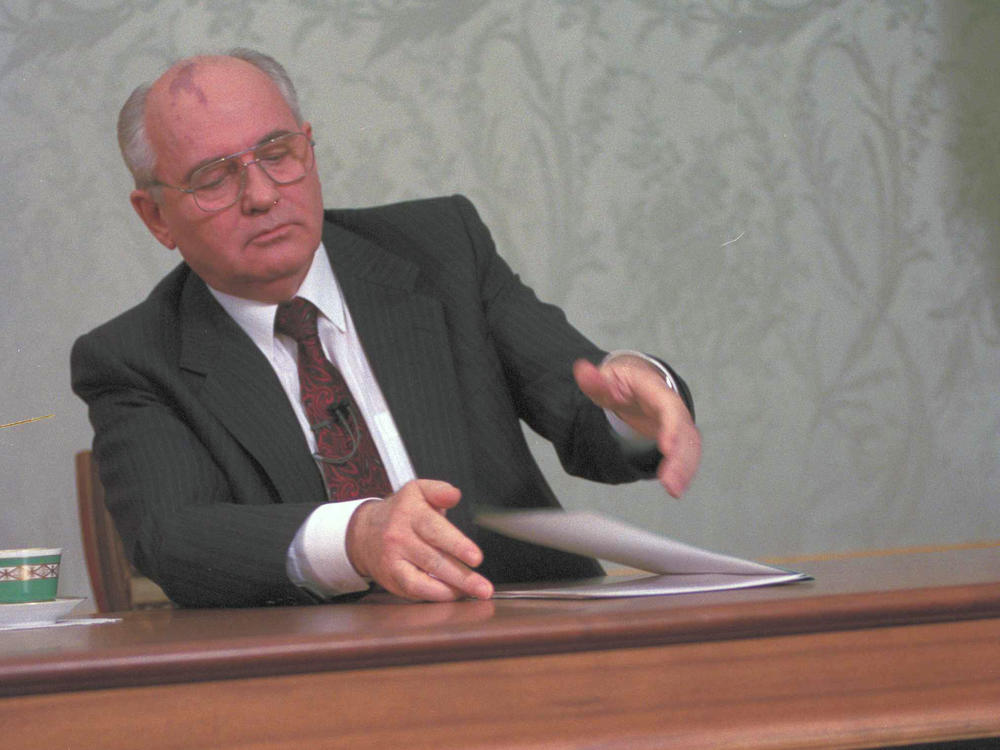 Soviet leader Mikhail Gorbachev closes his resignation speech after delivering it at the Kremlin in Moscow on Dec. 25, 1991. After 74 years, the Soviet Union was dissolved, breaking into 15 countries. But there's often been friction among the former Soviet republics, including the current confrontation between Russia and Ukraine.