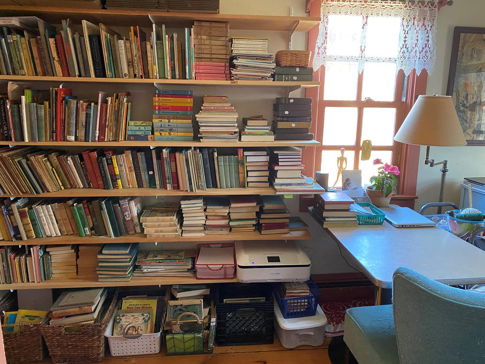 One of many bookshelves in the home of Marie-Pascale Traylor, the artist and former preschool teacher behind the 