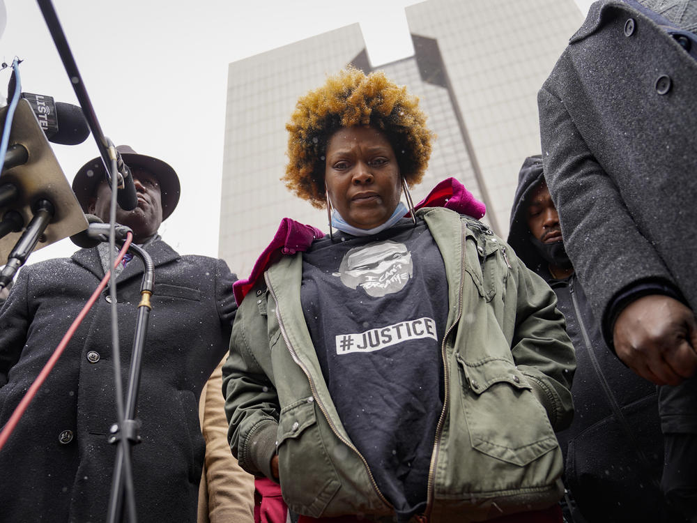 Naisha Wright, aunt of Daunte Wright, pauses after speaking during a news conference in April, in Minneapolis. Wright tells NPR that true justice would be to bring Daunte Wright back, but that Potter's conviction provides accountability.