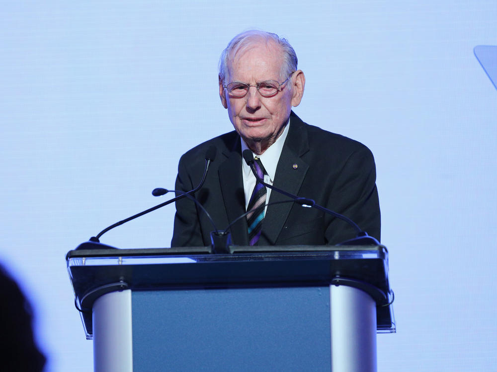 Wayne Thiebaud speaks onstage at the Leonardo DiCaprio Foundation Gala at Jackson Park Ranch on September 15, 2018 in Santa Rosa, Calif. Thiebaud died Saturday at the age of 101.