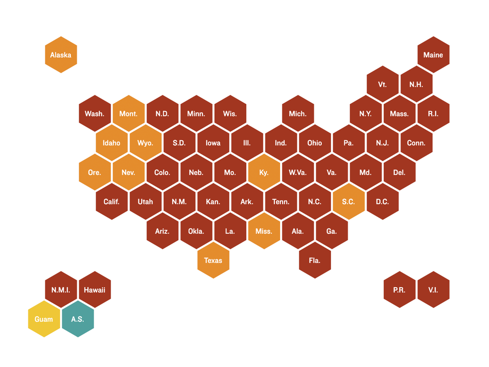 Map showing the COVID-19 risk level in each state.