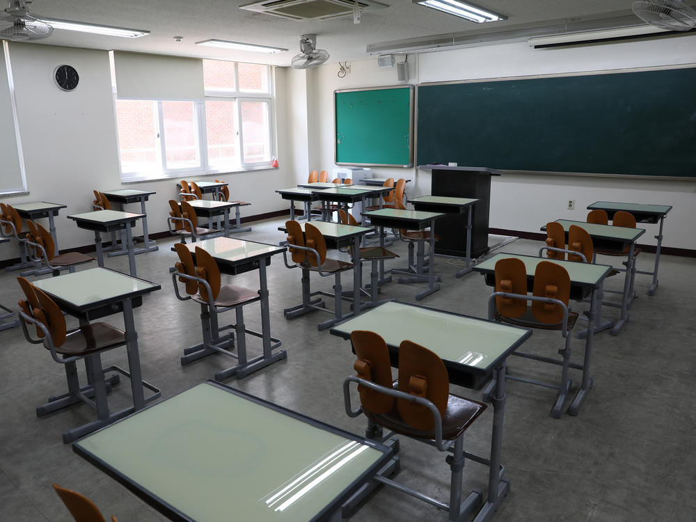 An empty classroom during the pandemic in Seoul, South Korea.