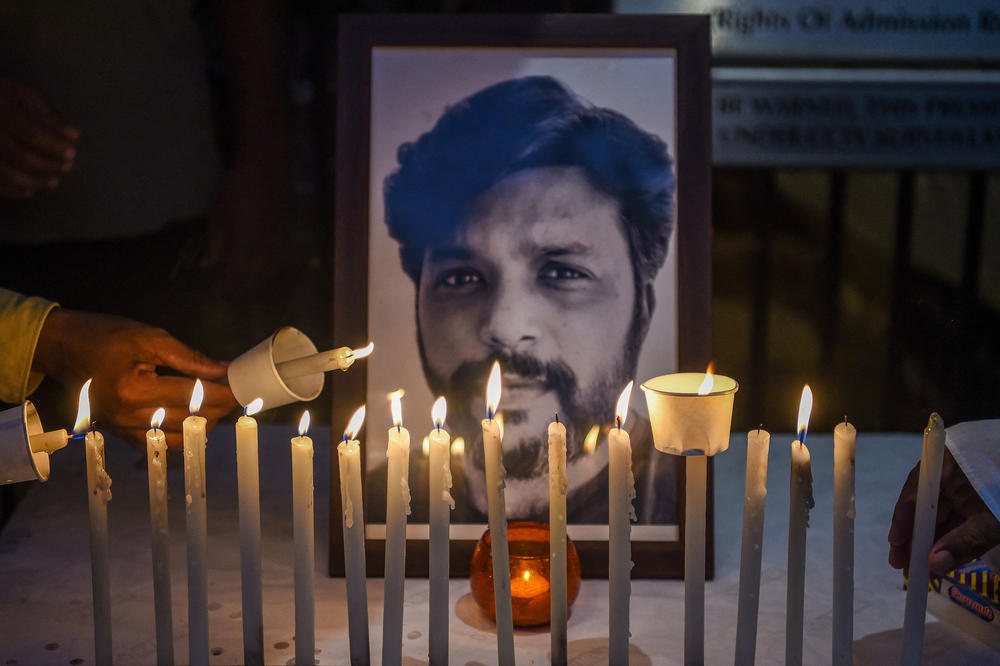 A portrait of Reuters journalist Danish Siddiqui at the press club in Mumbai, July 2021.