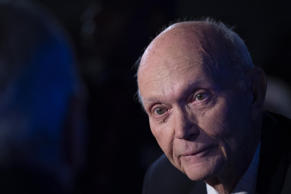 US Apollo 11 astronaut Michael Collins at the National Press Club in Washington, D.C., April 2019.