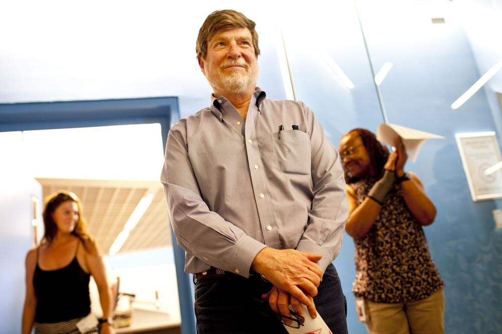 Neal Conan leaving the studio after signing off for the last time as host of NPR's <em>Talk of the Nation</em>, June 2013<em>.</em>