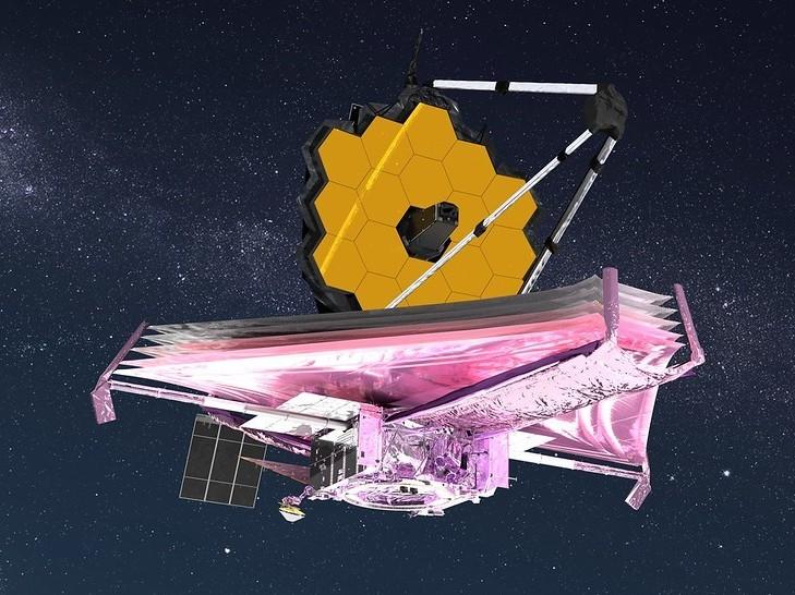 An artist's rendition of the James Webb Space Telescope with its sunshield deployed.