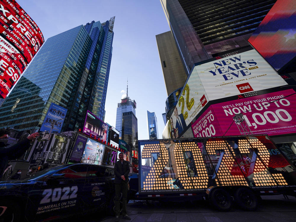 The 2022 sign that will be lit on top of a building on New Year's Eve is displayed in New York's Times Square earlier this month.