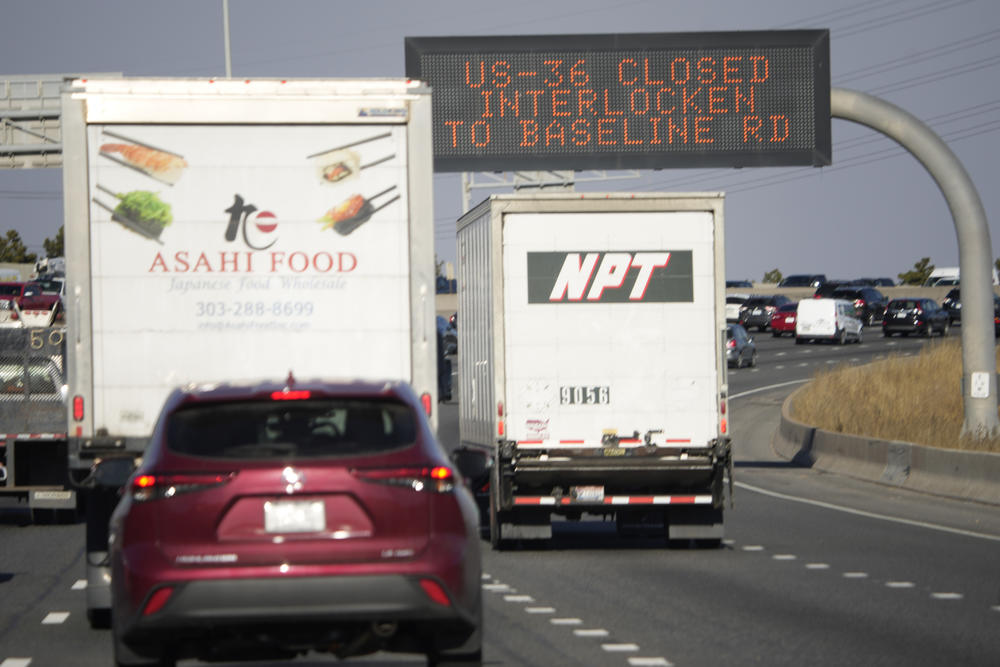 An electronic sign advises motorists in Denver that Colorado Highway 36 to the Boulder area is partially closed on Thursday.