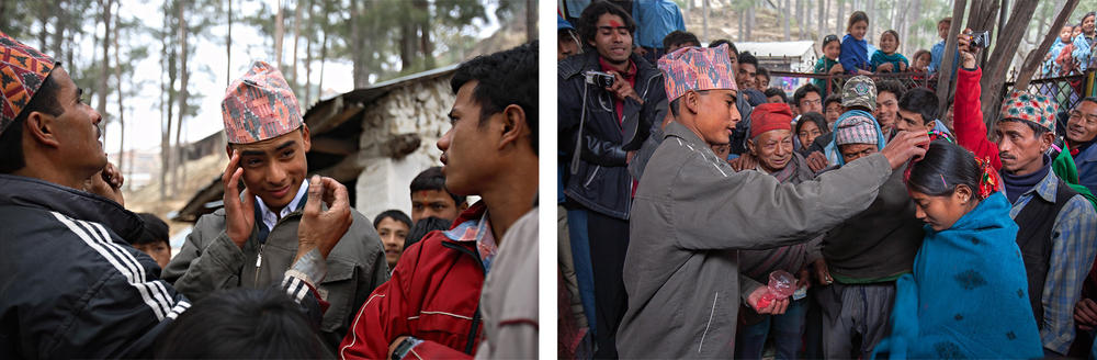Left: Prakash Balami, 15, is groomed by friends and family for his wedding ceremony in Kagati village, Kathmandu Valley, Nepal, on Jan. 23, 2007. Right: Prakash and his bride, Sumeena, 13.