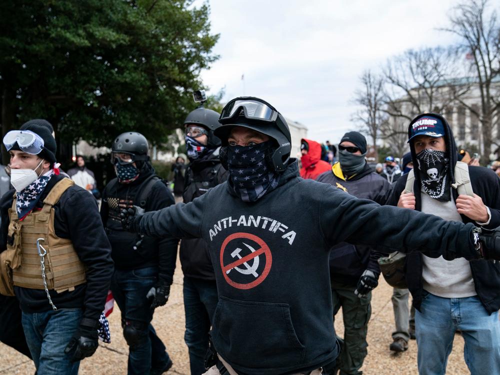 Protesters who claim to be members of the Proud Boys gather outside the U.S. Capitol on Jan. 6.