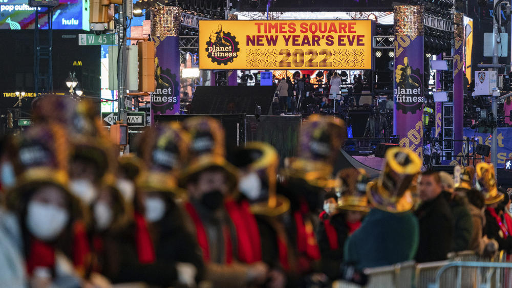 Revellers gather during the New Year's Eve celebrations in Times Square on Friday.