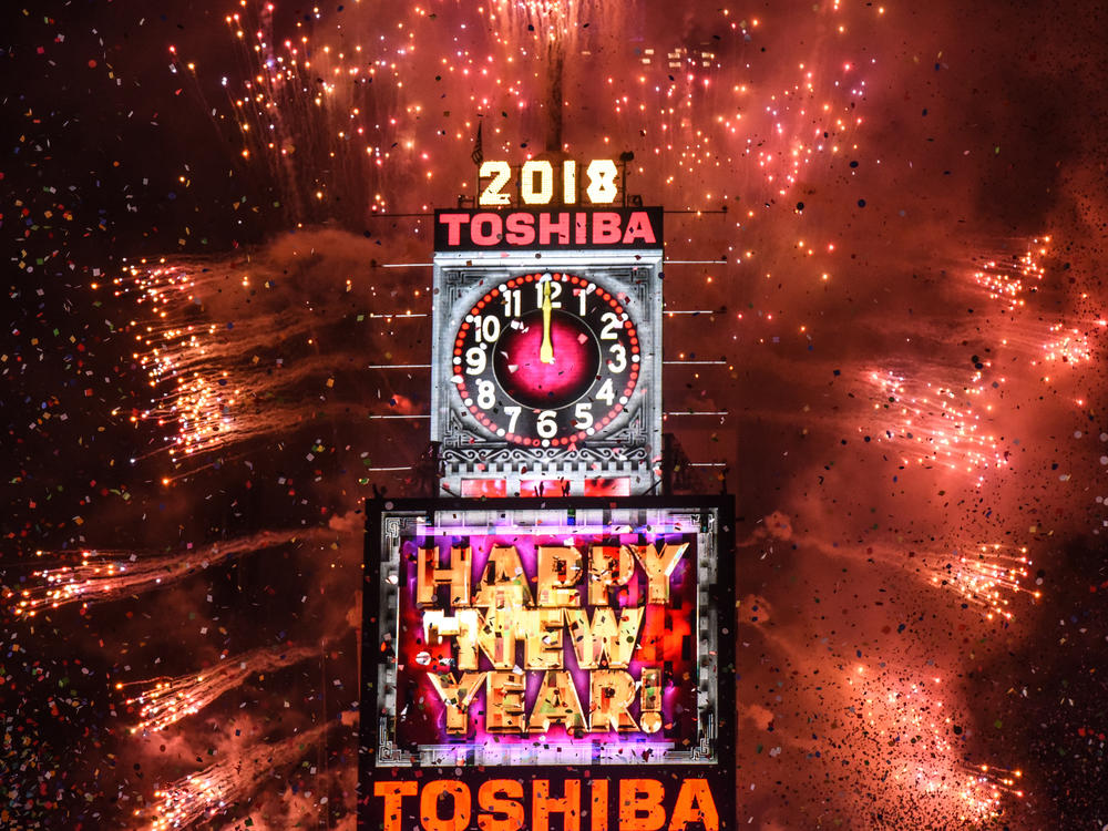 Fireworks explode in Times Square on New Year's Eve on January 1, 2018 in New York City.