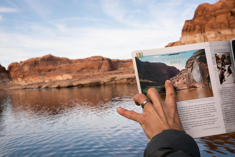 Balken compares water levels in a historical photo of Glen Canyon with today's levels, which are still significantly higher than before the water was dammed.