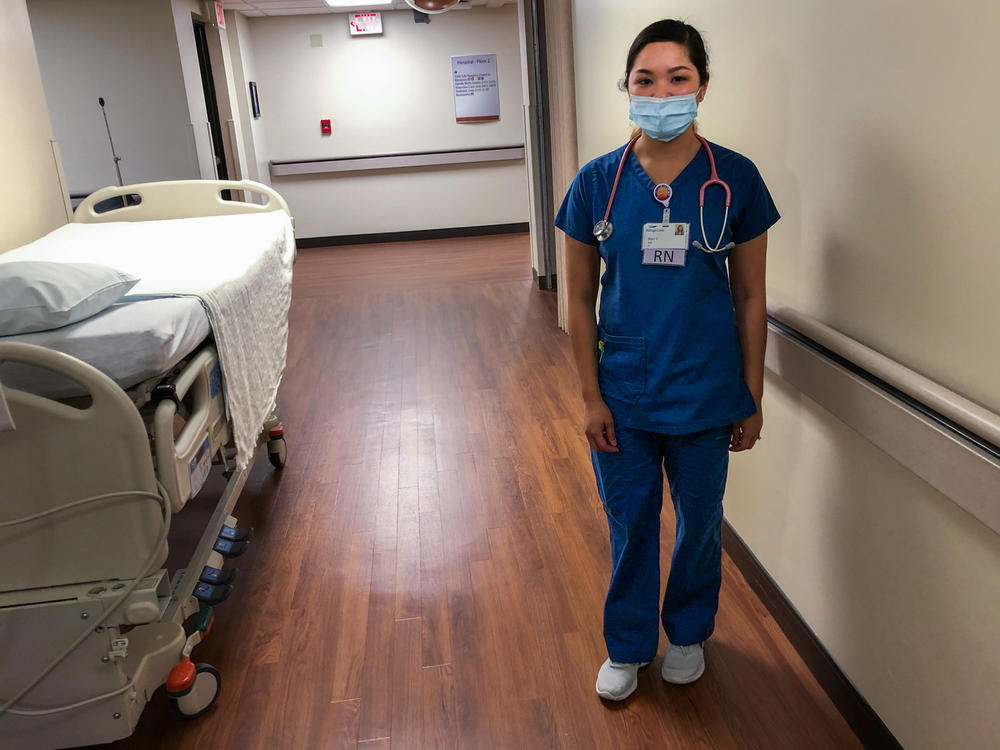 Mary Venus, a nurse from the Philippines, on duty at Billings Clinic in Billings, Mont.