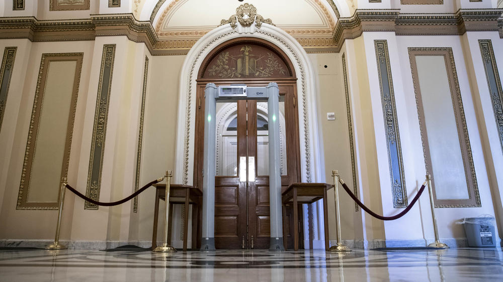 A metal detector stands outside  the House chamber at the U.S. Capitol on Jan. 22, 2021.