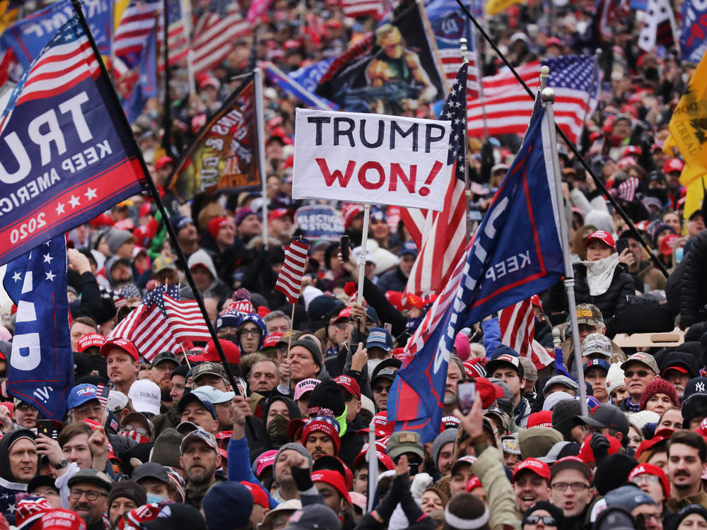 Crowds arrive for the Stop the Steal rally on Jan. 6, 2021, in Washington, D.C. Trump supporters gathered in the nation's capital to protest the ratification of President-elect Joe Biden's Electoral College victory over President Trump in the 2020 election.