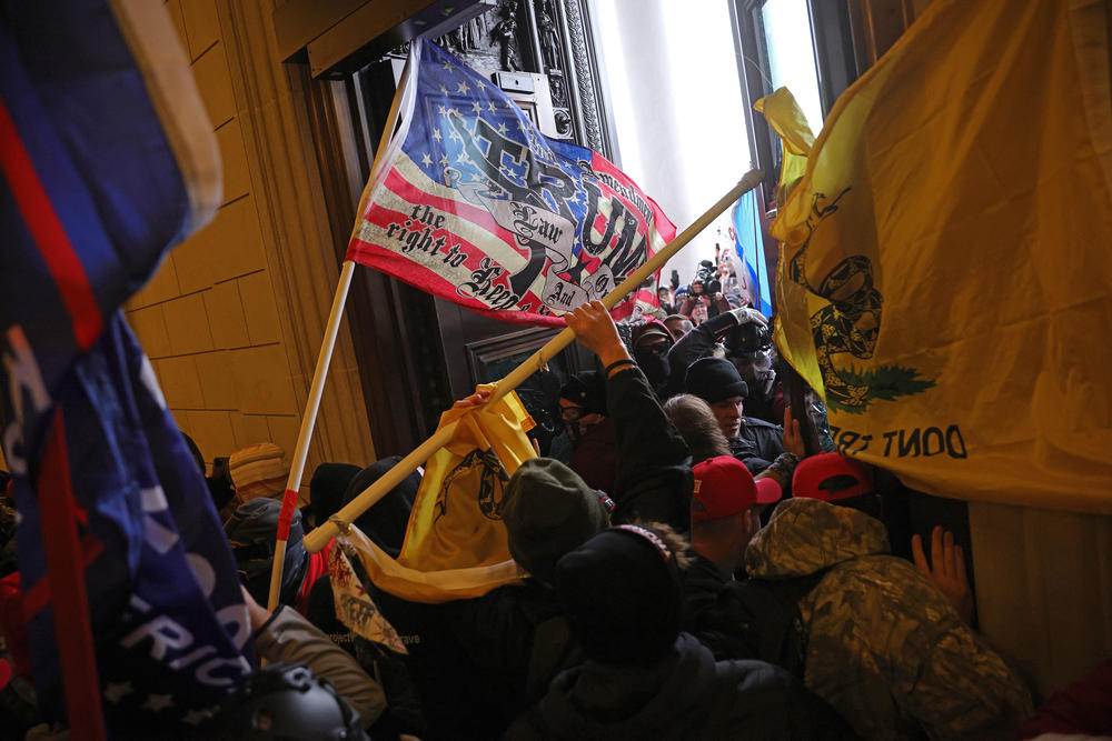 Protesters turned flags bearing their slogans, and later American flags, into weapons during the riot. The Confederate battle flag also made an appearance in the building.