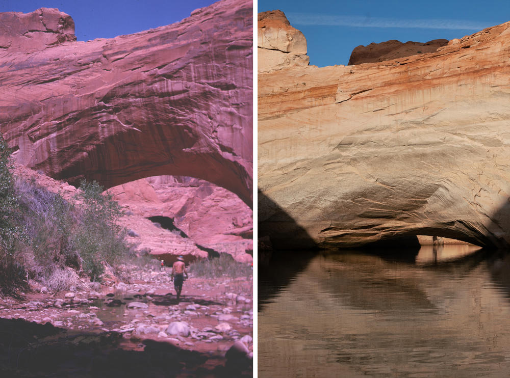 Gregory Natural Bridge in 1963 and in 2021. Environmental preservationist Ken Sleight, seen under the bridge, led tours in the area.