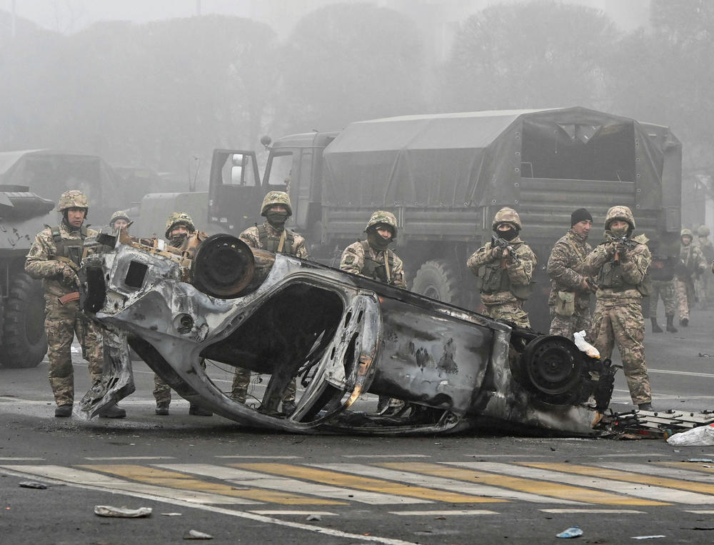 Troops at the main square where hundreds of people were protesting on Thursday.