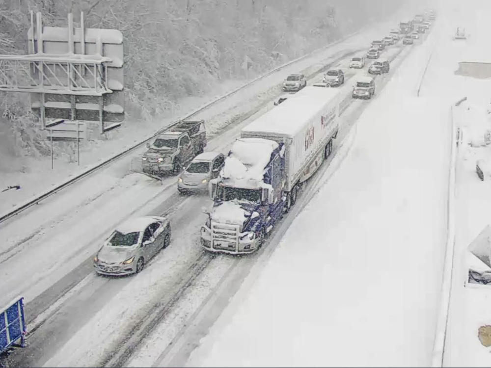 This image provided by the Virginia department of Transportation shows a closed section of Interstate 95 near Fredericksburg, Va. Monday Jan. 3, 2022. Both northbound and southbound sections of the highway were closed due to snow and ice.