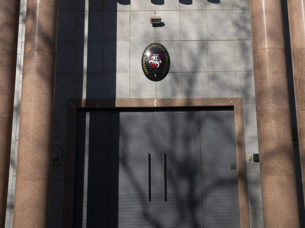 The closed Lithuanian Embassy in Beijing. China lashed out at the United States Thursday over its support for the European nation of Lithuania in its feud with Beijing over relations with Taiwan.