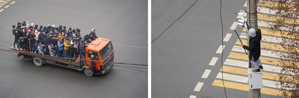 Left: Demonstrators ride a truck during a protest; Right: A demonstrator tries to dismantle a security camera on a pole during a protest in Almaty, Kazakhstan, on Wednesday.
