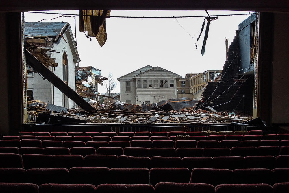The Legion Theatre was destroyed in Mayfield, Kentucky, when tornadoes ravaged the region on Dec. 10, 2021. President Joe Biden toured Kentucky cities and towns days later, pledging the government would foot 100% of the bill for emergency relief for 30 days.