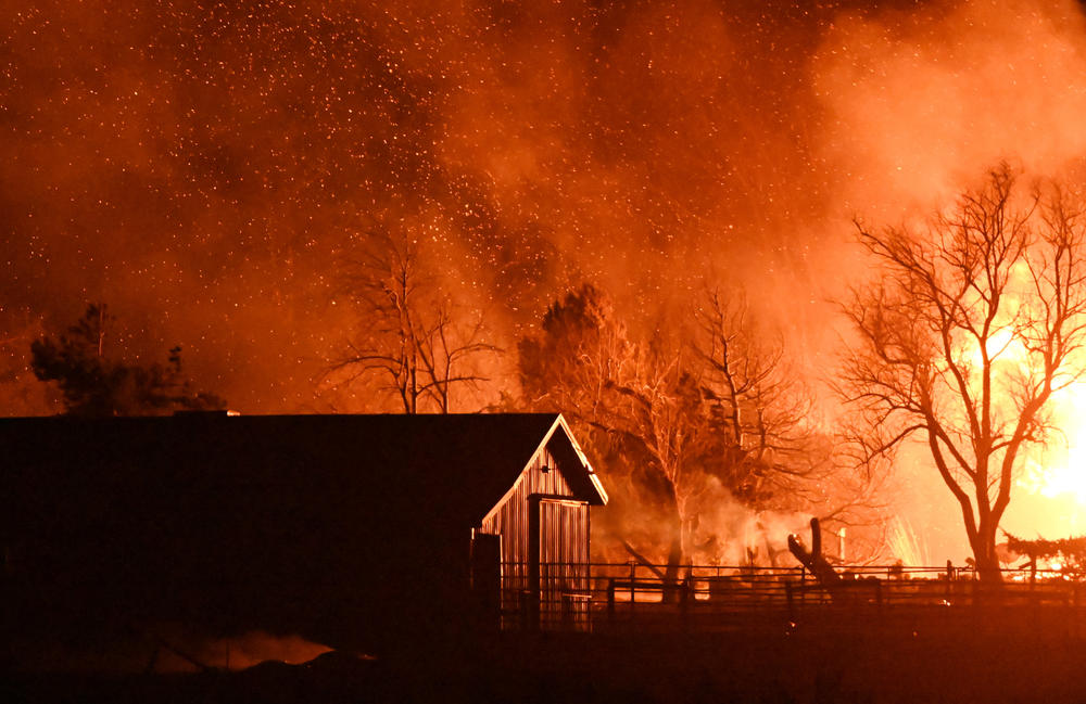 A home burns on South Boulder Road as the Marshall Fire sweeps through Boulder County, burning nearly 600 homes on Dec. 30, 2021 in Boulder, Colo.