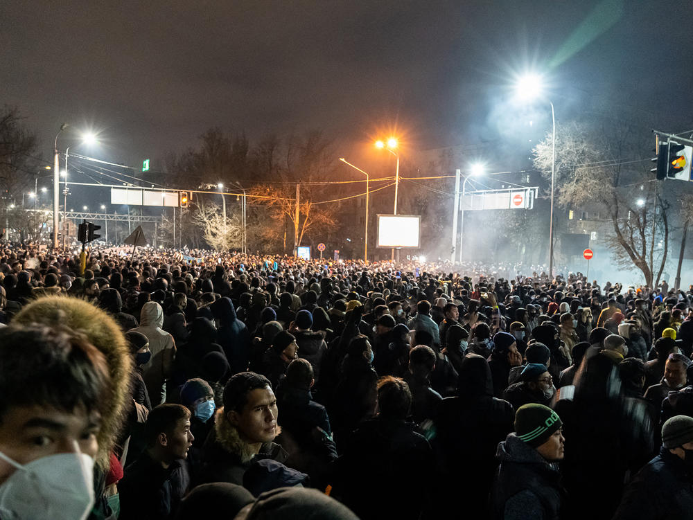 Protesters attend a rally in Almaty on Tuesday, after energy price hikes.