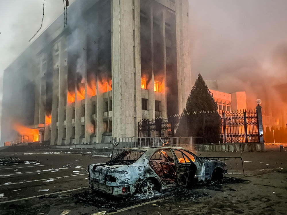 The mayor's office in Almaty, Kazakhstan, one of several government buildings torched by protesters.