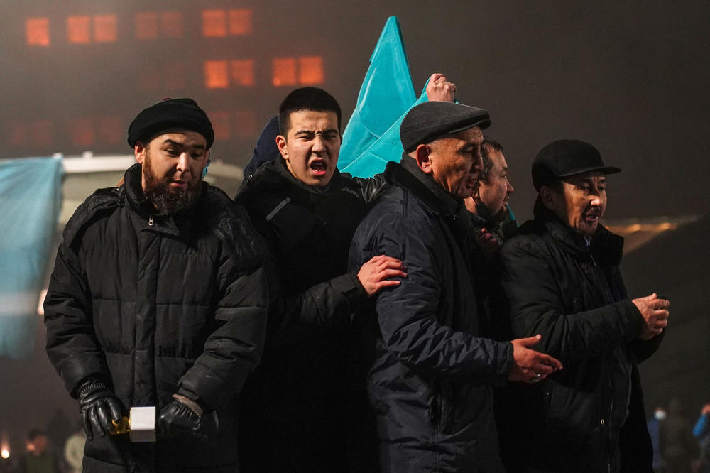 Protesters take part in a rally in Almaty on Wednesday.