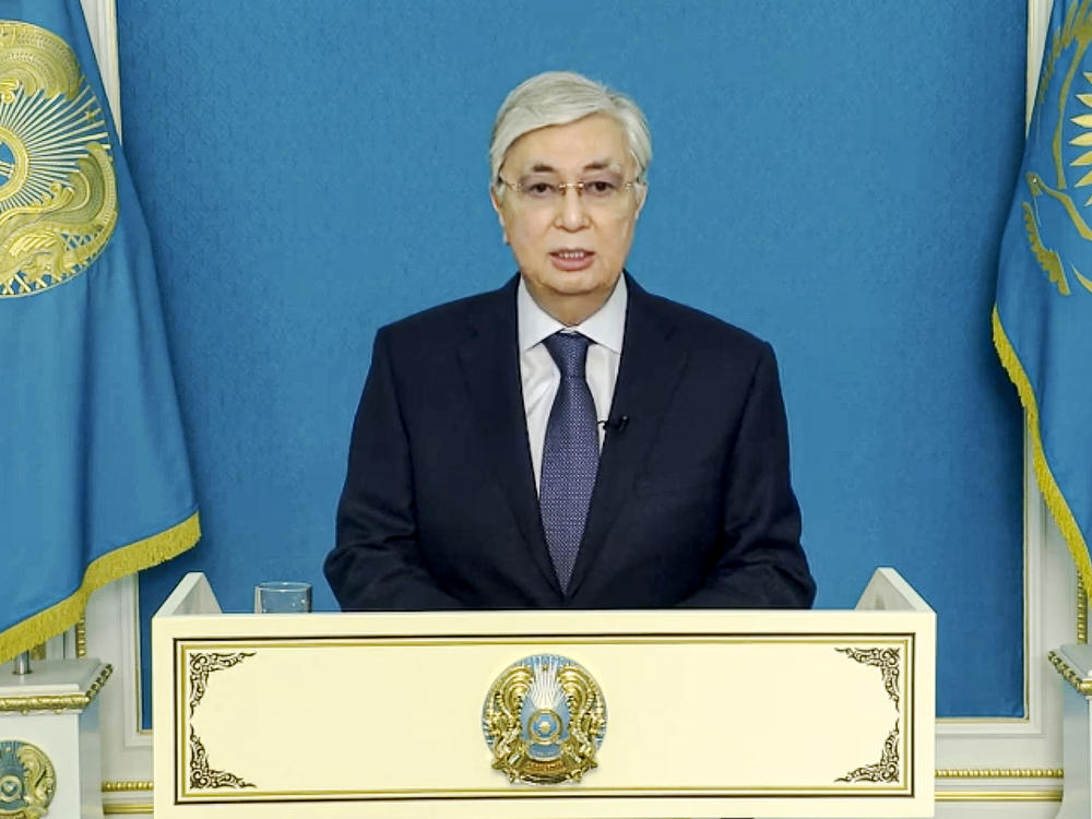 Kazakhstan President Kassym-Jomart Tokayev delivers a televised statement to the nation in Nur-Sultan, Kazakhstan on Wednesday.