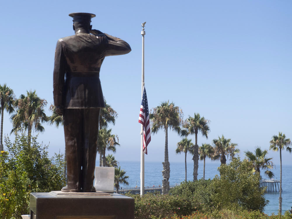 The U.S. flag is seen at half-staff at Park Semper Fi in San Clemente, Calif., in this July 2020 file photo after a amphibious assault vehicle sank off the coast of Southern California.