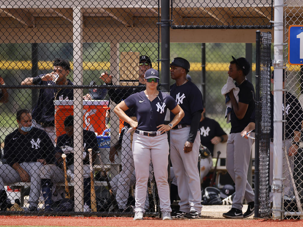 Hitting coach Rachel Balkovec of the Yankees looks on during the Florida Complex League (FCL) game between the FCL New York Yankees and FCL Detroit Tigers on July 9, 2021 at the Tigers Minor League Complex in Lakeland, FL.