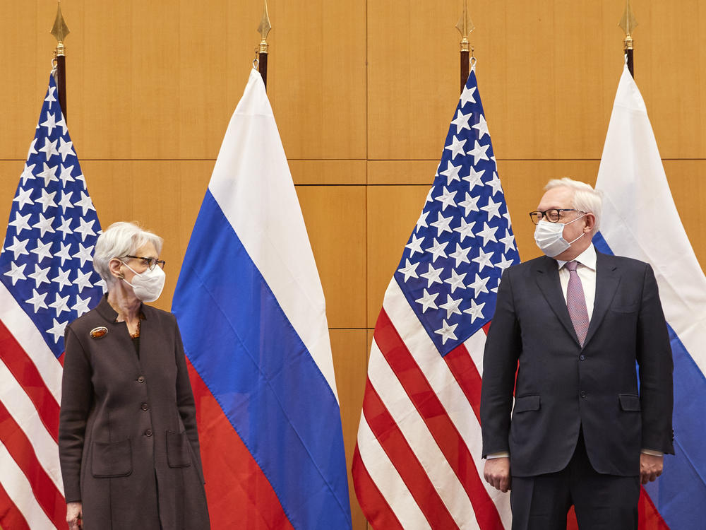 U.S. Deputy Secretary of State Wendy Sherman (left) and Russian Deputy Foreign Minister Sergei Ryabkov meet at the U.S. diplomatic mission in Geneva, Switzerland, on Monday. The U.S., Russia and other European countries are holding a series of talks this week in an attempt to reduce tensions over Ukraine. Russia has some 100,000 troops near Ukraine's border.