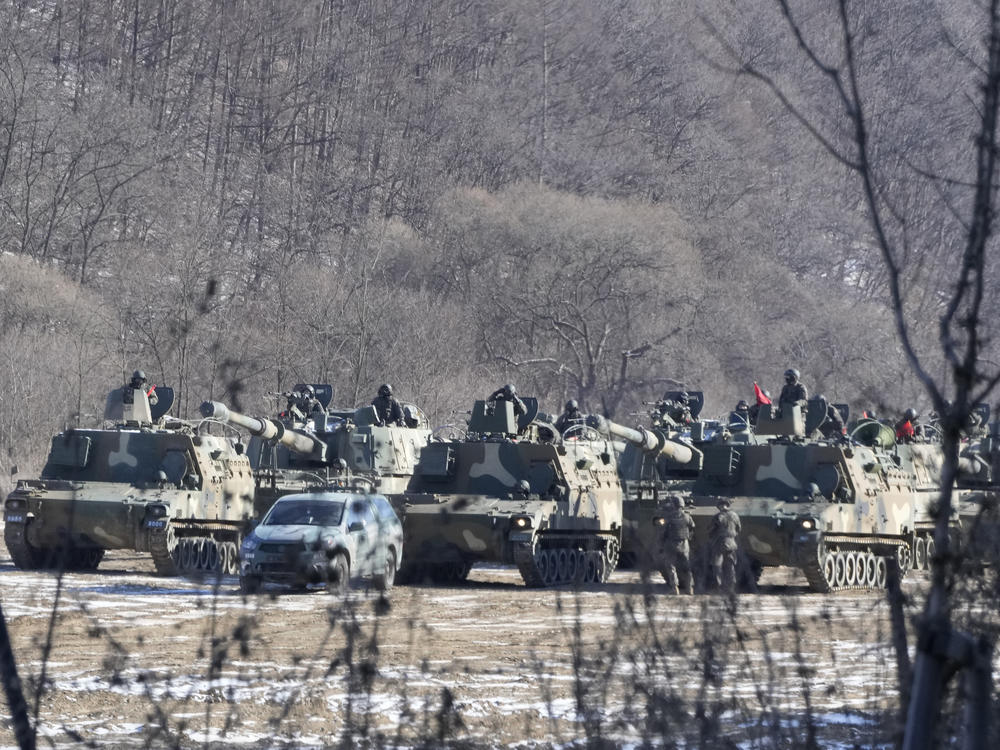South Korean army K-9 self-propelled howitzers prepare to move in Paju, South Korea, near the border with North Korea on Tuesday.
