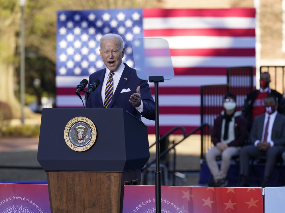 President Joe Biden speaks in support of changing the Senate filibuster rules that have stalled voting rights legislation in Atlanta.