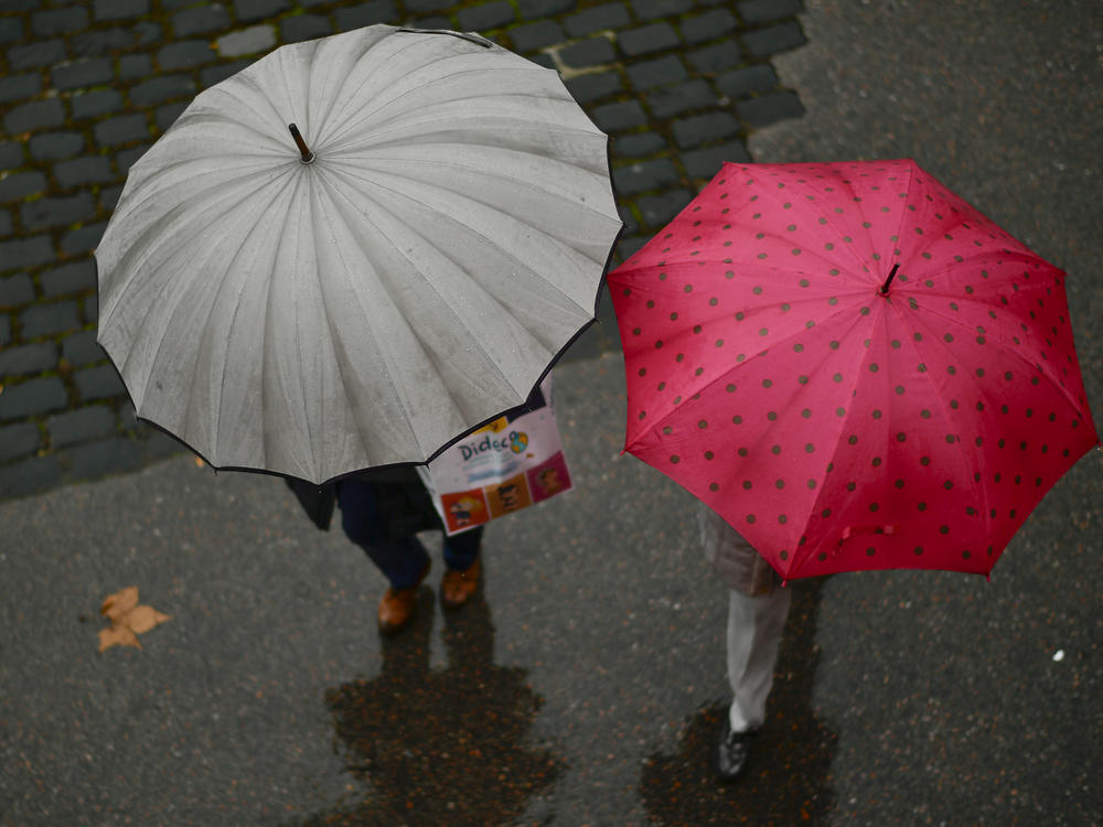People shelter from the rain under their umbrellas as rain falls in Pamplona, northern Spain, in 2018.
